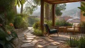Camino hacia dos sillas de conversación en un jardín, símbolo de pedir ayuda psicológica