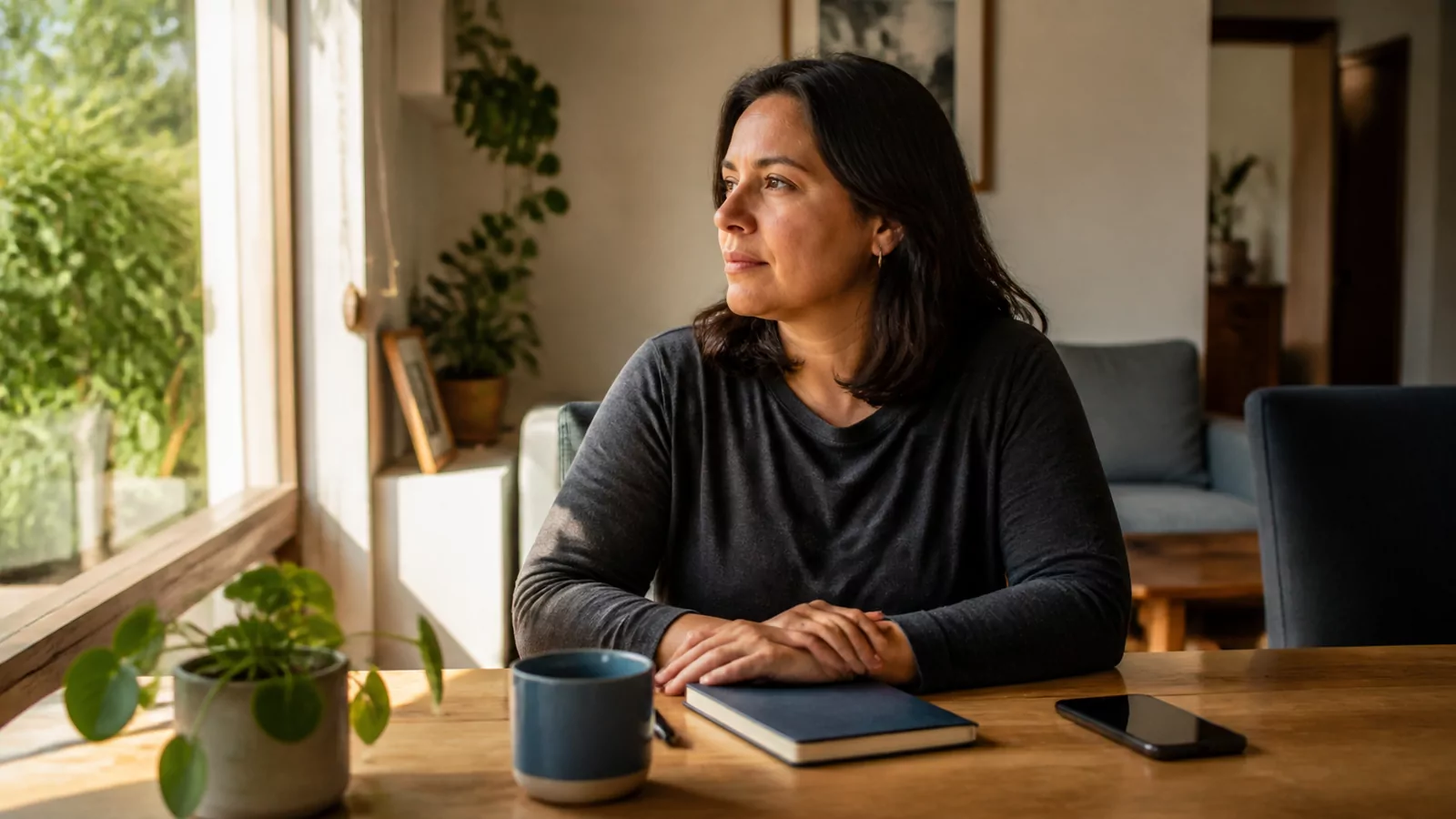 Mujer reflexiona con calma sobre obsesiones y compulsiones en un espacio cotidiano
