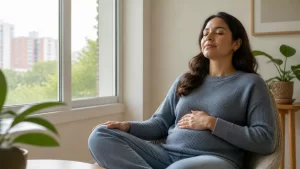 Persona sentada junto a una ventana regulando su respiración después de un ataque de ansiedad