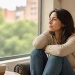Mujer reflexionando junto a una ventana en un ambiente tranquilo