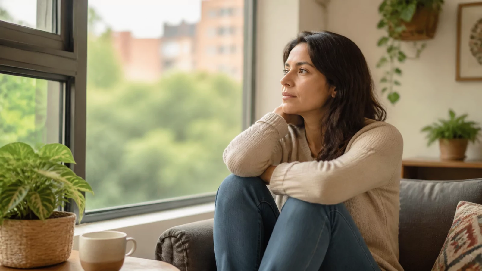 Mujer reflexionando junto a una ventana en un ambiente tranquilo