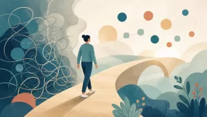 Ilustración sobre el proceso de la terapia cognitivo-conductual y la conexión entre pensamientos, emociones y acciones